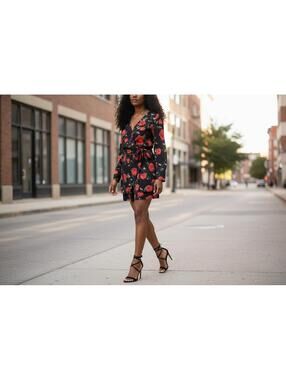 Alexa Admor Black Romper with Red Rose Print